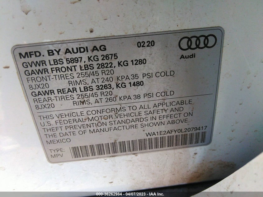 VIN WA1E2AFY0L2079417 2020 AUDI Q5 PREMIUM PLUS