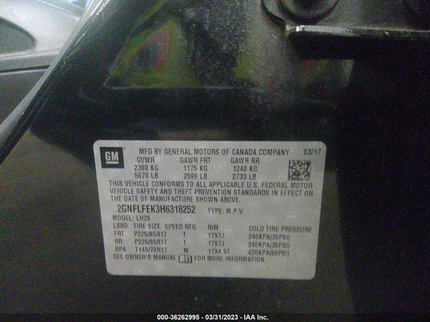 VIN 2GNFLFEK3H6318252 2017 CHEVROLET EQUINOX LT