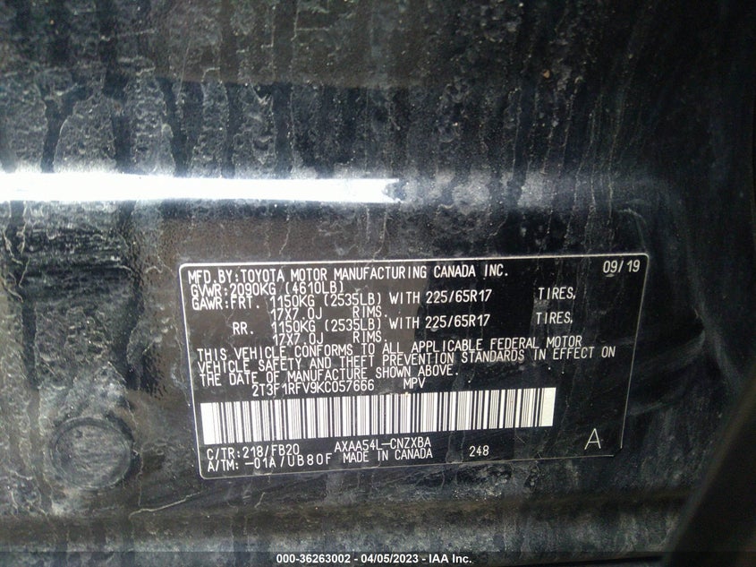 VIN 2T3F1RFV9KC057666 2019 TOYOTA RAV4 LE
