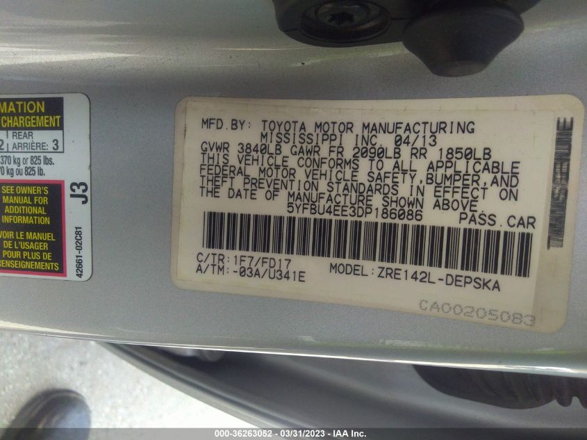 2013 TOYOTA COROLLA L/LE/S - 5YFBU4EE3DP186086