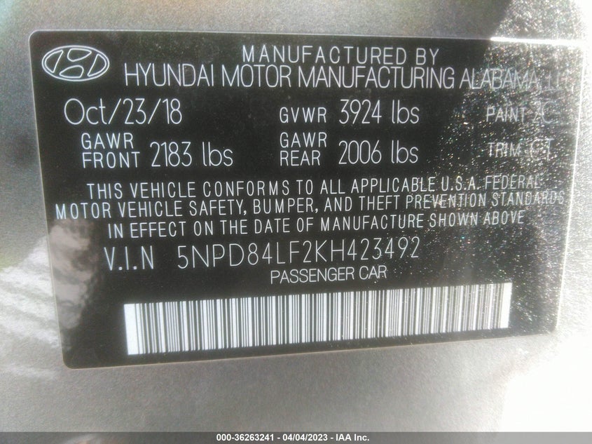VIN 5NPD84LF2KH423492 2019 HYUNDAI ELANTRA SEL
