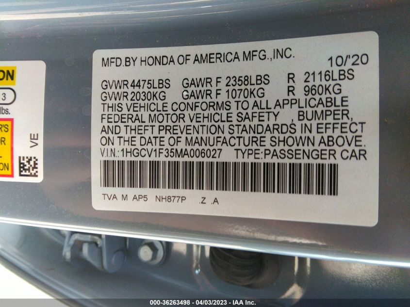 2021 HONDA ACCORD SEDAN SPORT - 1HGCV1F35MA006027