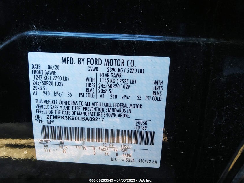 VIN 2FMPK3K90LBA89217 2020 FORD EDGE TITANIUM