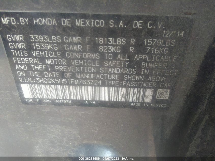 2015 HONDA FIT LX - 3HGGK5H51FM763724