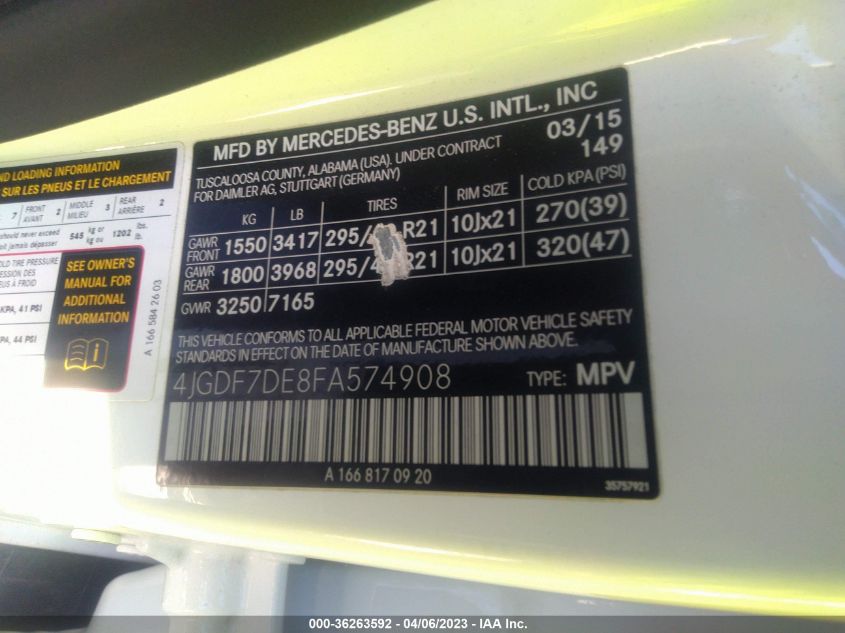 2015 MERCEDES-BENZ GL-CLASS GL 550 - 4JGDF7DE8FA574908
