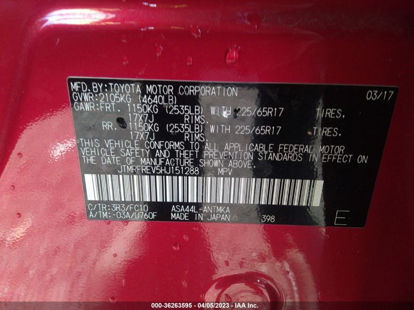 2017 TOYOTA RAV4 XLE - JTMRFREV5HJ151288
