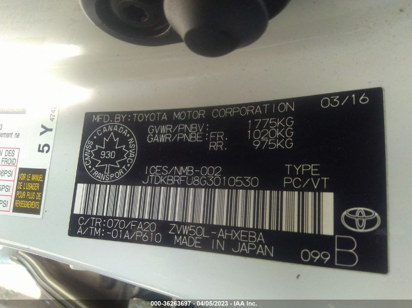 2016 TOYOTA PRIUS - JTDKBRFU8G3010530