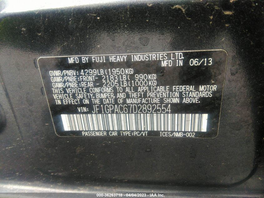 2013 SUBARU IMPREZA WAGON 2.0I PREMIUM - JF1GPAC67D2892554