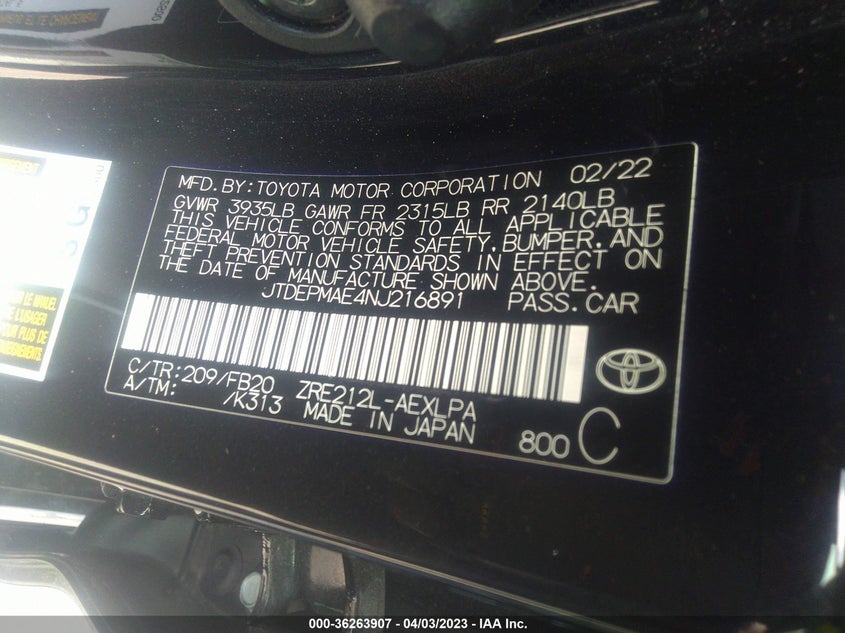 VIN JTDEPMAE4NJ216891 2022 TOYOTA COROLLA LE