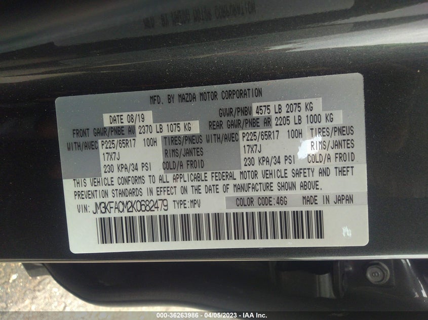 VIN JM3KFACM2K0682479 2019 MAZDA CX-5 TOURING
