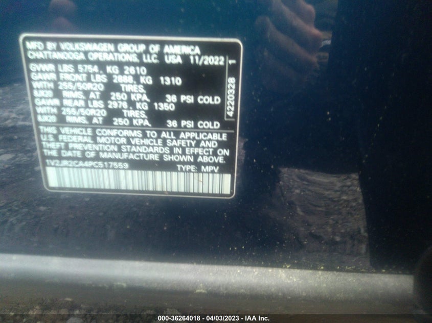 VIN 1V2JR2CA4PC517559 2023 VOLKSWAGEN ATLAS 3.6L V6 SE W/TECHNOLOGY