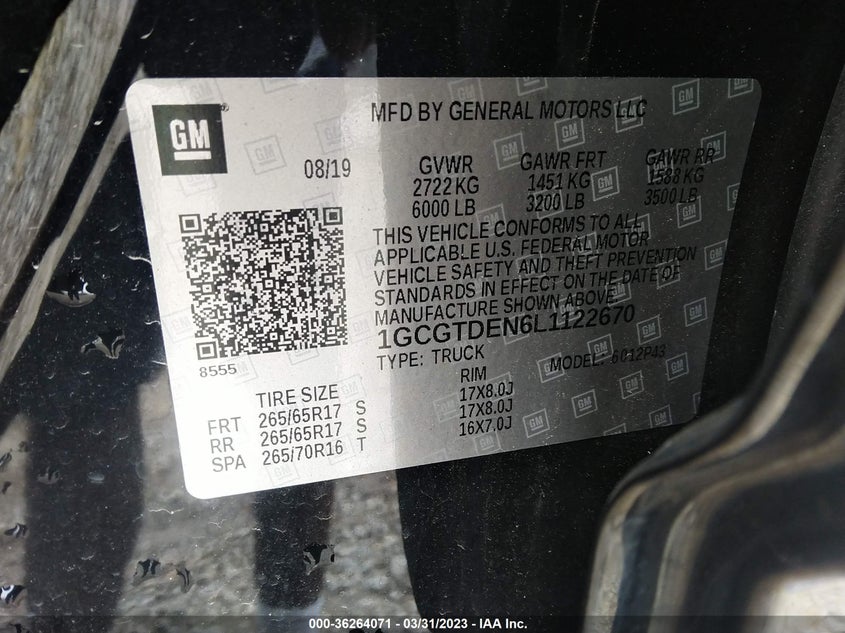VIN 1GCGTDEN6L1122670 2020 CHEVROLET COLORADO 4WD Z71