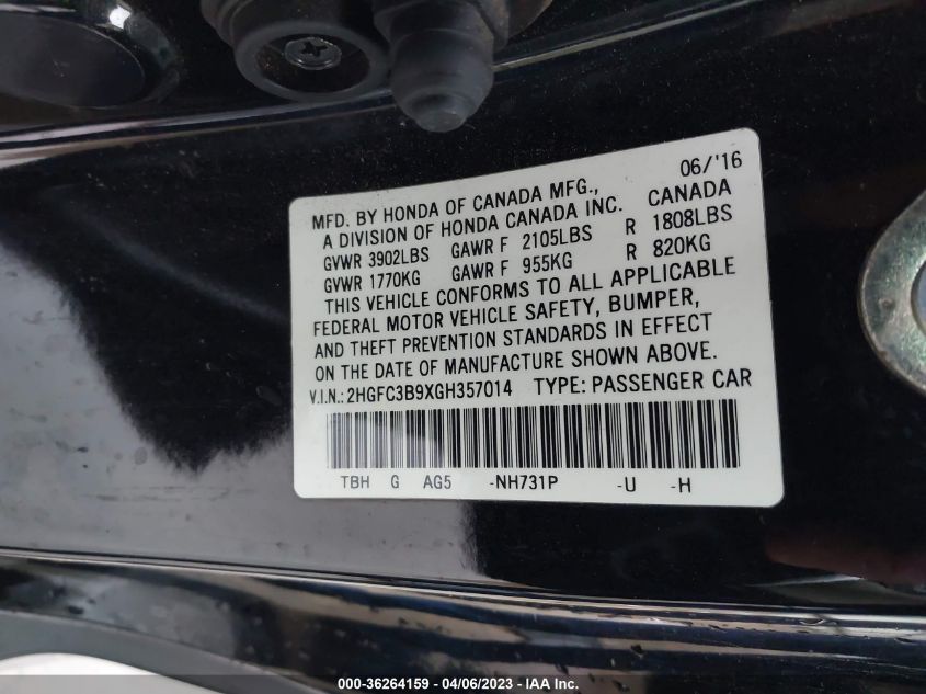 2016 HONDA CIVIC COUPE TOURING - 2HGFC3B9XGH357014