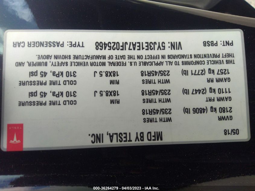 2018 TESLA MODEL 3 RANGE BATTERY - 5YJ3E1EA7JF025468