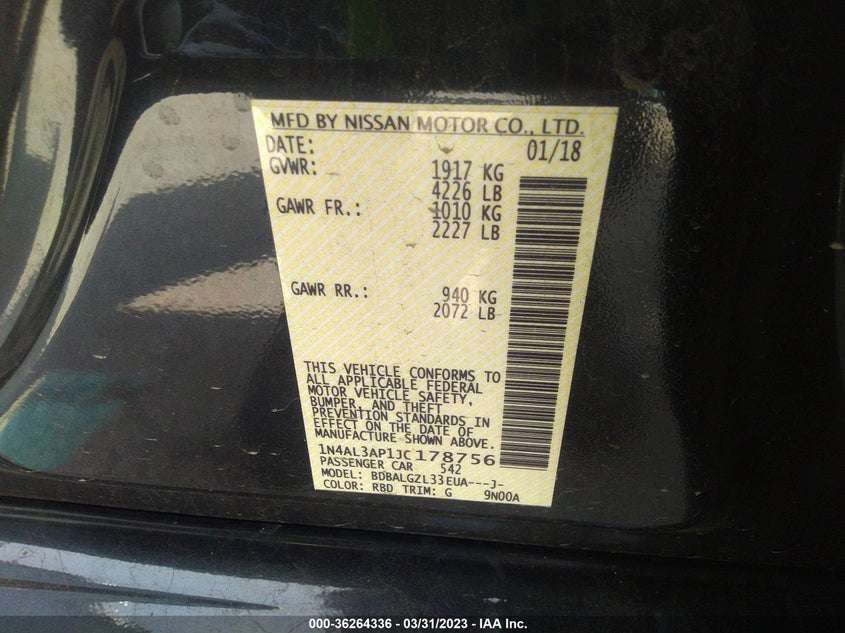 VIN 1N4AL3AP1JC178756 2018 NISSAN ALTIMA 2.5 S