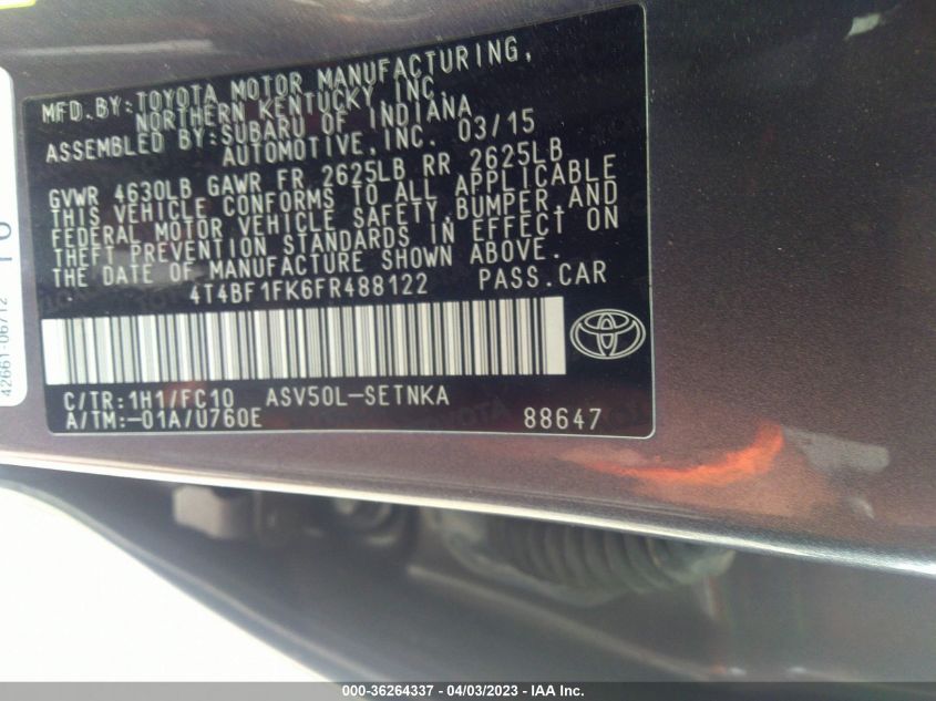 2015 TOYOTA CAMRY XLE/SE/LE/XSE - 4T4BF1FK6FR488122
