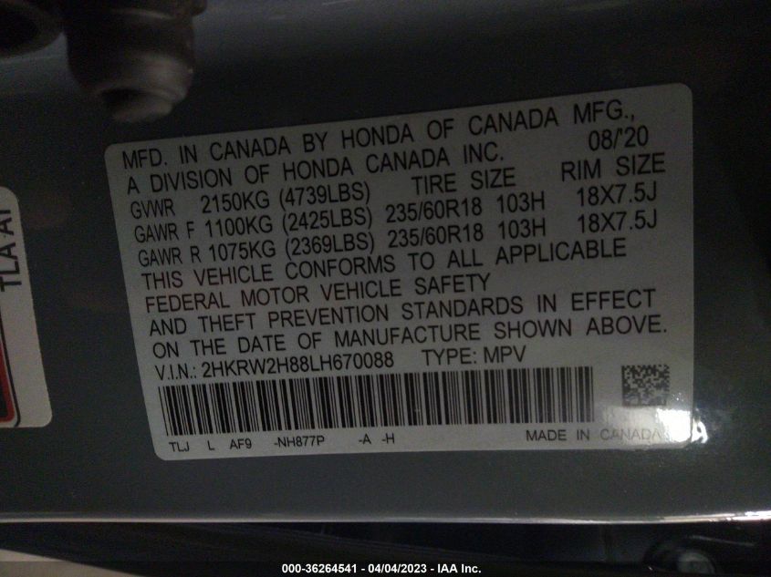 2020 HONDA CR-V EX-L - 2HKRW2H88LH670088