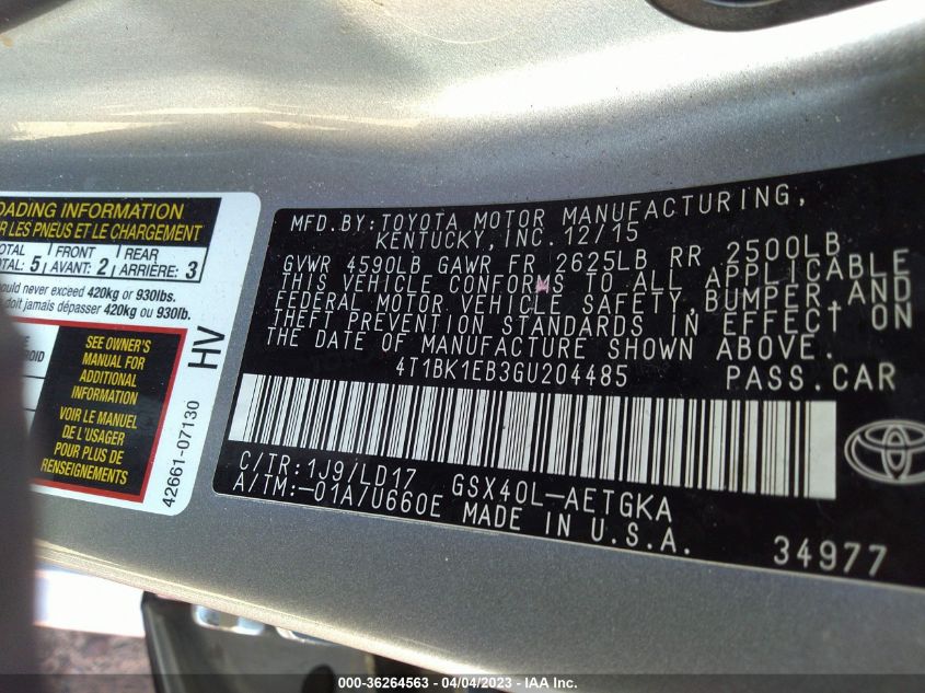 2016 TOYOTA AVALON LIMITED/TOURING/XLE - 4T1BK1EB3GU204485