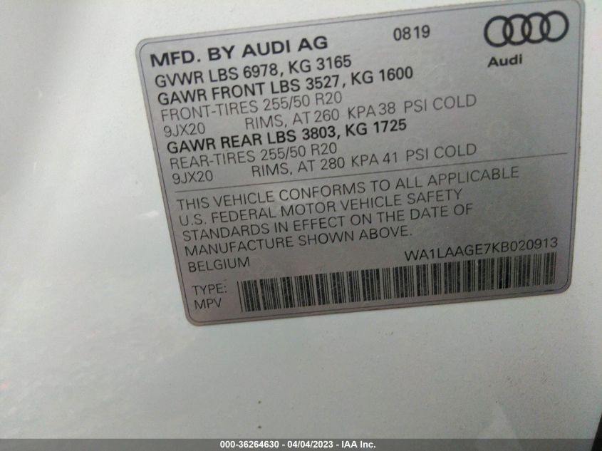 2019 AUDI E-TRON PREMIUM PLUS - WA1LAAGE7KB020913