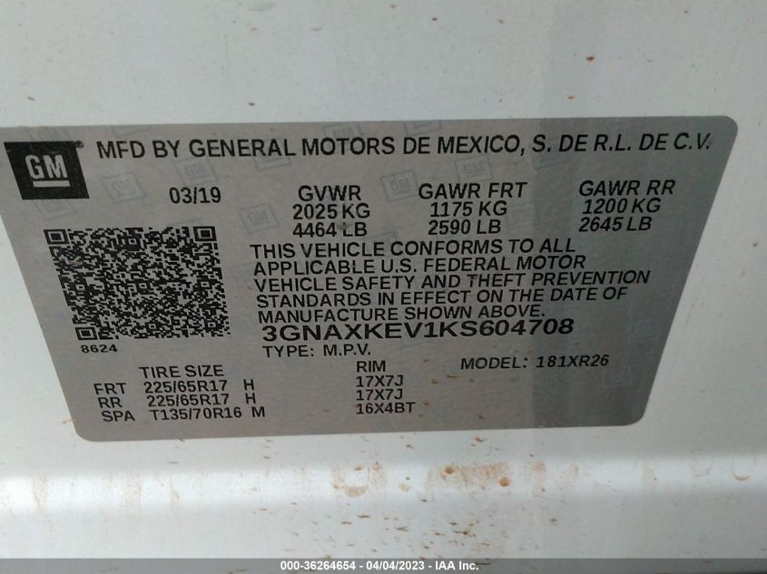 2019 CHEVROLET EQUINOX LT - 3GNAXKEV1KS604708