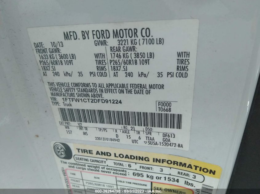 2013 FORD F-150 XL/XLT/FX2/LARIAT - 1FTFW1CT2DFD91224