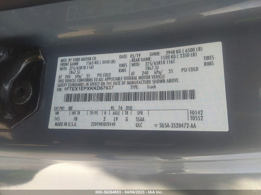 VIN 1FTEX1EPXKKD67637 2019 FORD F-150 XL/XLT/LARIAT