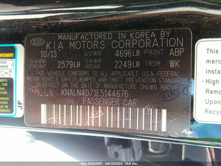 2014 KIA CADENZA LIMITED - KNALN4D71E5144676