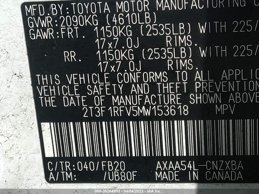 2021 TOYOTA RAV4 LE - 2T3F1RFV5MW153618