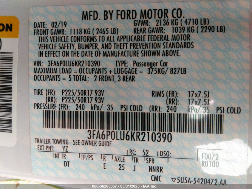 3FA6P0LU6KR210390 Ford Fusion Hybrid SE 9