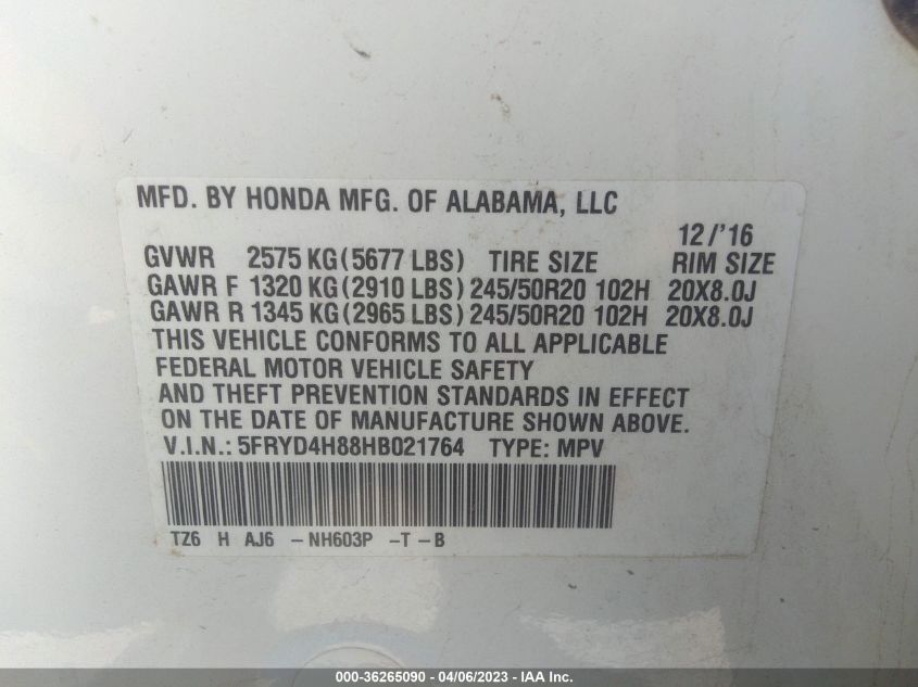 2017 ACURA MDX W/ADVANCE PKG - 5FRYD4H88HB021764