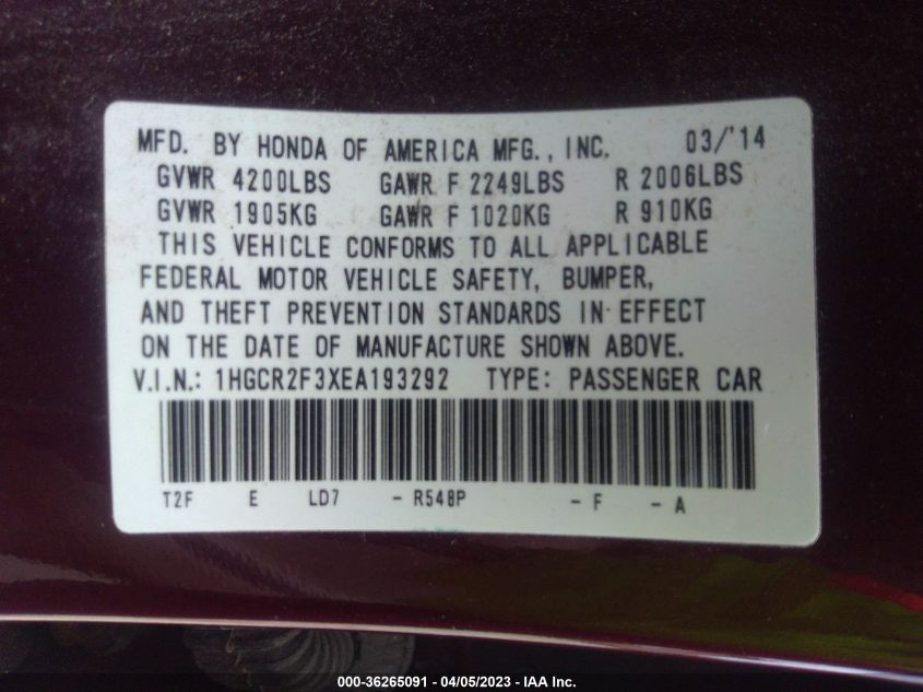 2014 HONDA ACCORD SEDAN LX - 1HGCR2F3XEA193292