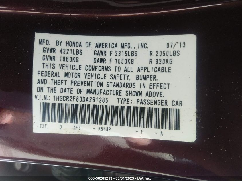 2013 HONDA ACCORD SDN EX-L - 1HGCR2F80DA261285