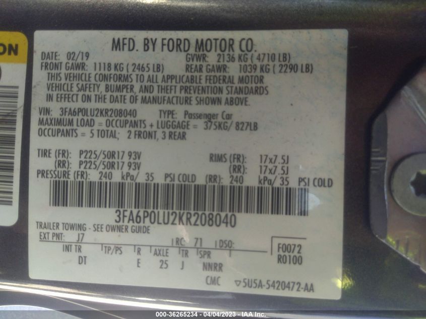 2019 FORD FUSION HYBRID SE 3FA6P0LU2KR208040
