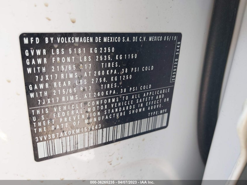 VIN 3VV3B7AX0KM153443 2019 VOLKSWAGEN TIGUAN SE