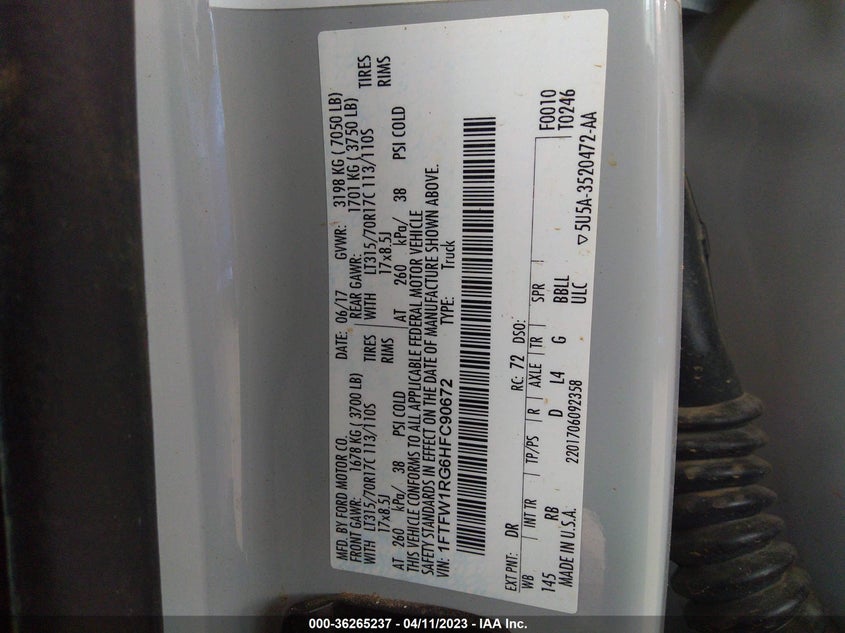 VIN 1FTFW1RG6HFC90672 2017 FORD F-150 RAPTOR