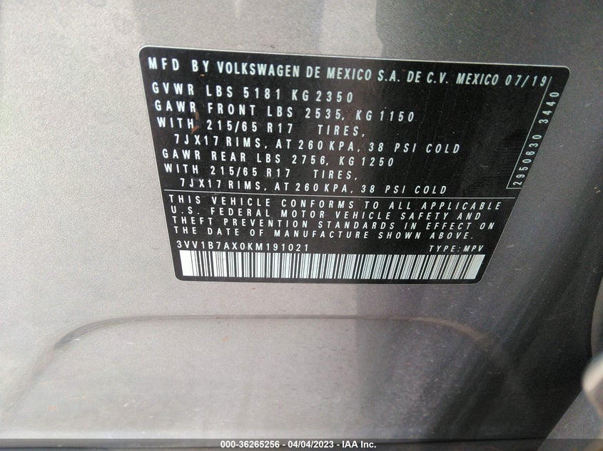 VIN 3VV1B7AX0KM191021 2019 VOLKSWAGEN TIGUAN S