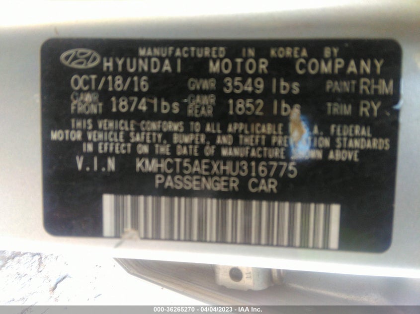 VIN KMHCT5AEXHU316775 2017 HYUNDAI ACCENT SE