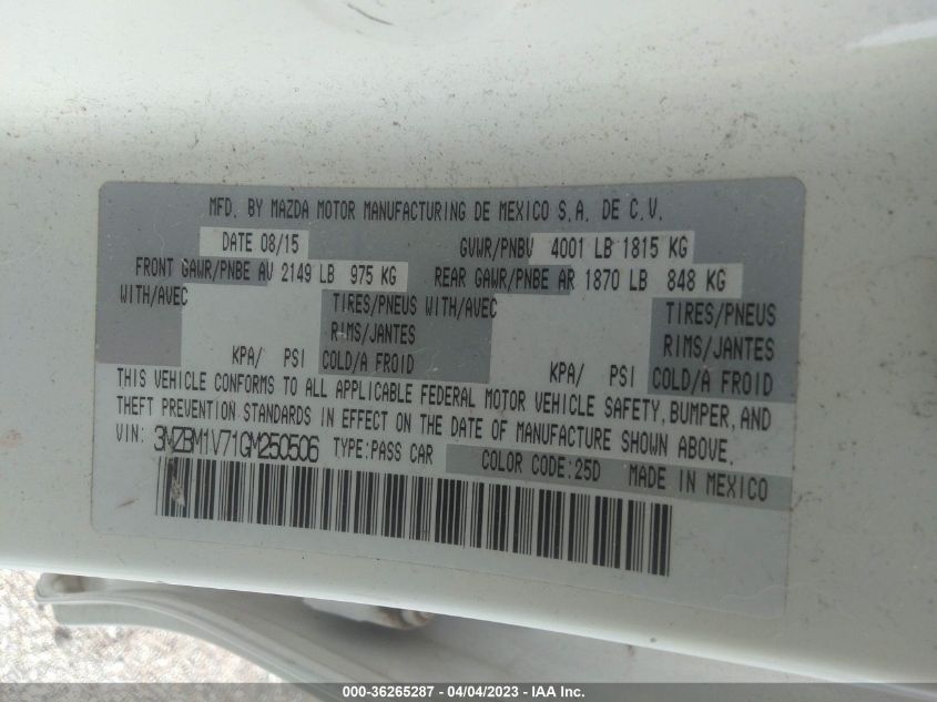 2016 MAZDA MAZDA3 I TOURING - 3MZBM1V71GM250506