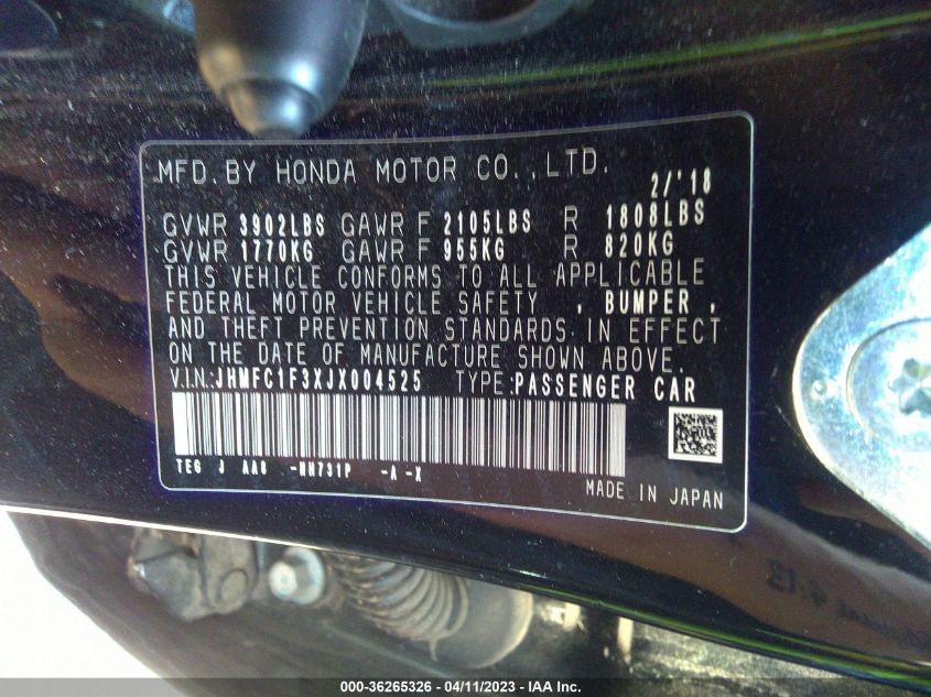 2018 HONDA CIVIC SEDAN EX-T - JHMFC1F3XJX004525