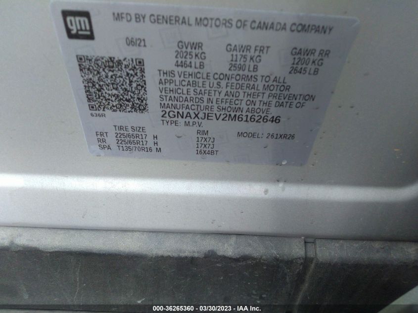 2021 CHEVROLET EQUINOX LT - 2GNAXJEV2M6162646