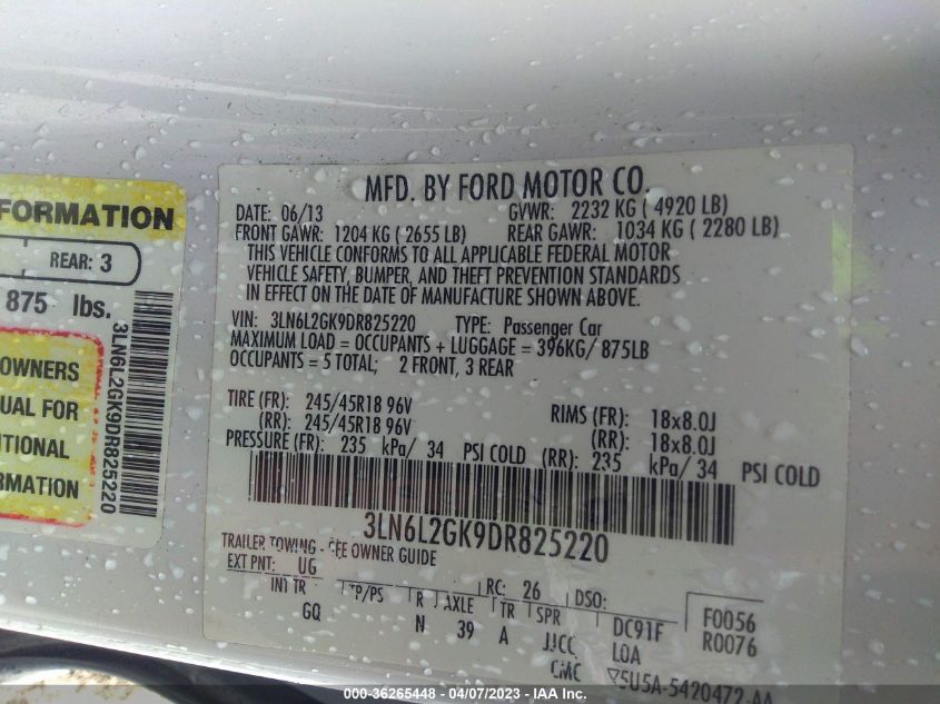 2013 LINCOLN MKZ - 3LN6L2GK9DR825220