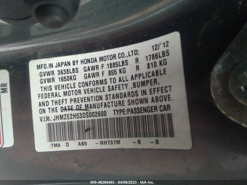 2013 HONDA INSIGHT LX JHMZE2H53DS002600
