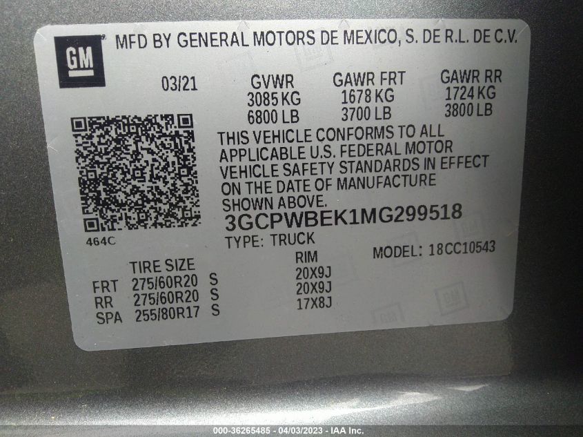 VIN 3GCPWBEK1MG299518 2021 CHEVROLET SILVERADO 1500 no.9