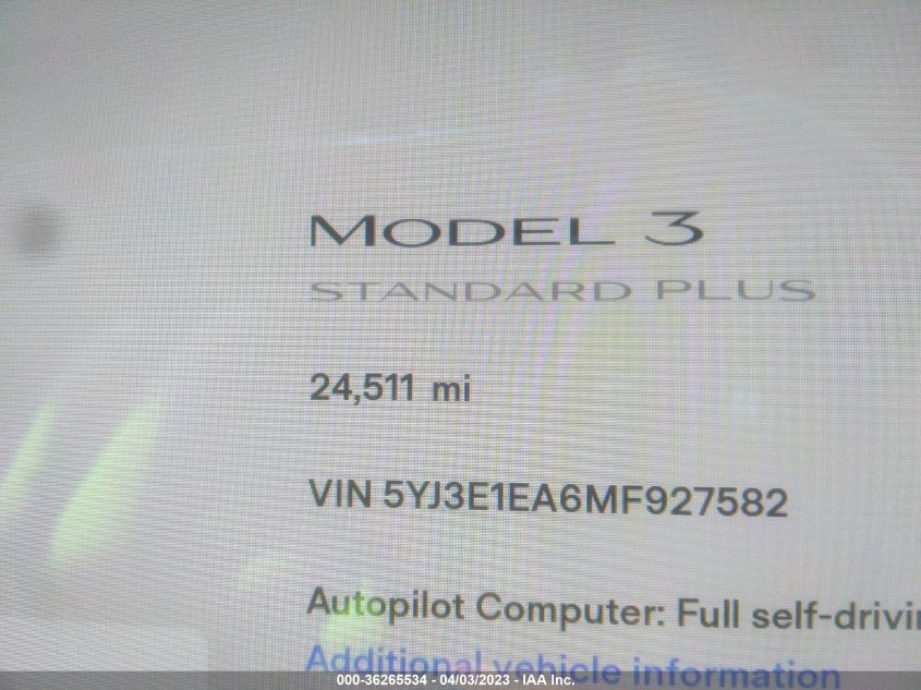 2021 TESLA MODEL 3 STANDARD RANGE PLUS - 5YJ3E1EA6MF927582