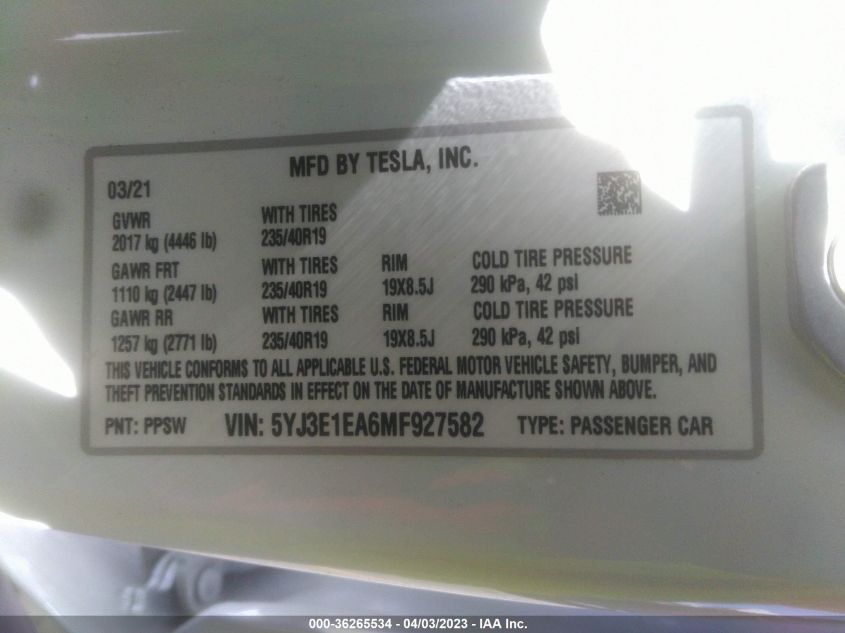 2021 TESLA MODEL 3 STANDARD RANGE PLUS - 5YJ3E1EA6MF927582