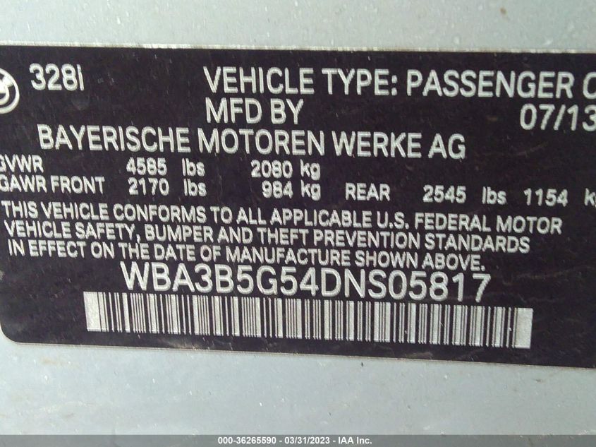 2013 BMW 3 SERIES 328I XDRIVE - WBA3B5G54DNS05817