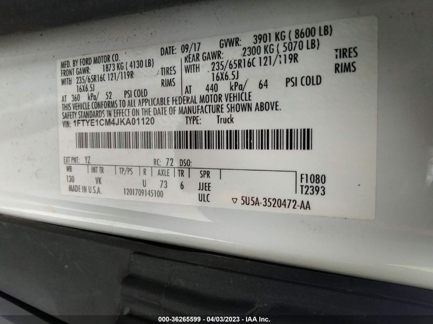 2018 FORD TRANSIT VAN - 1FTYE1CM4JKA01120