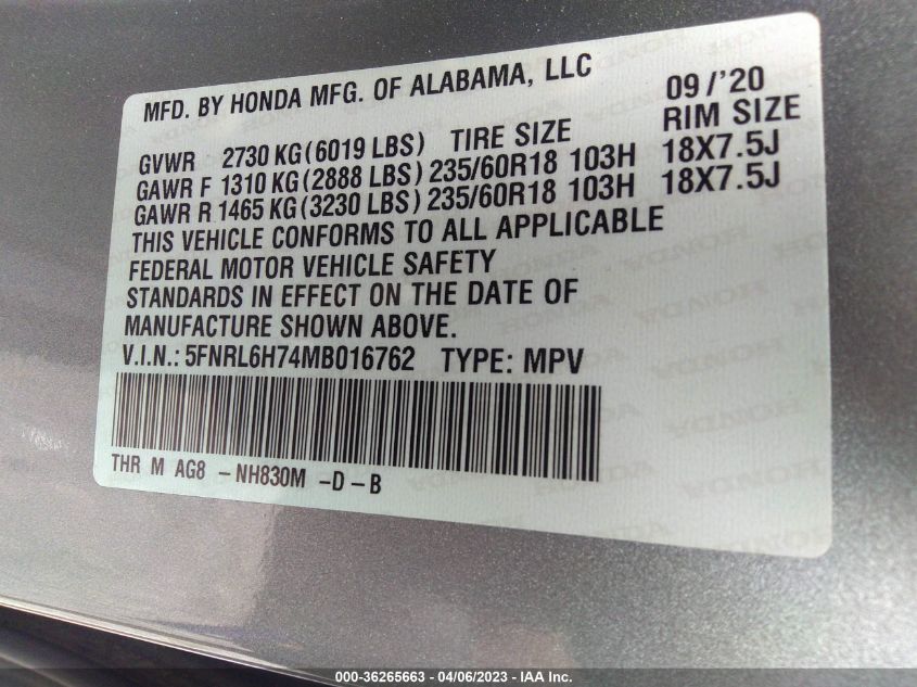 2021 HONDA ODYSSEY EX-L - 5FNRL6H74MB016762