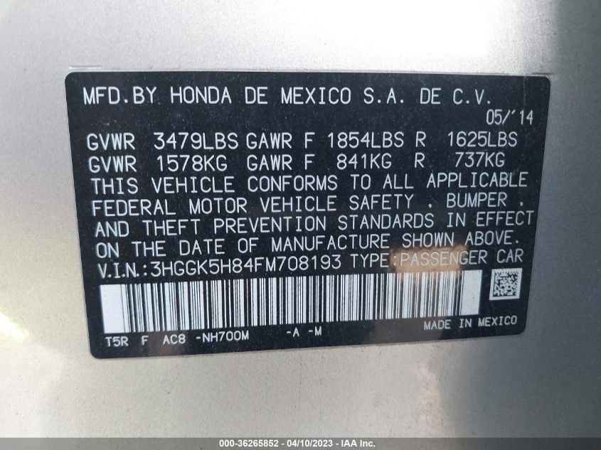 2015 HONDA FIT EX-L/EX - 3HGGK5H84FM708193