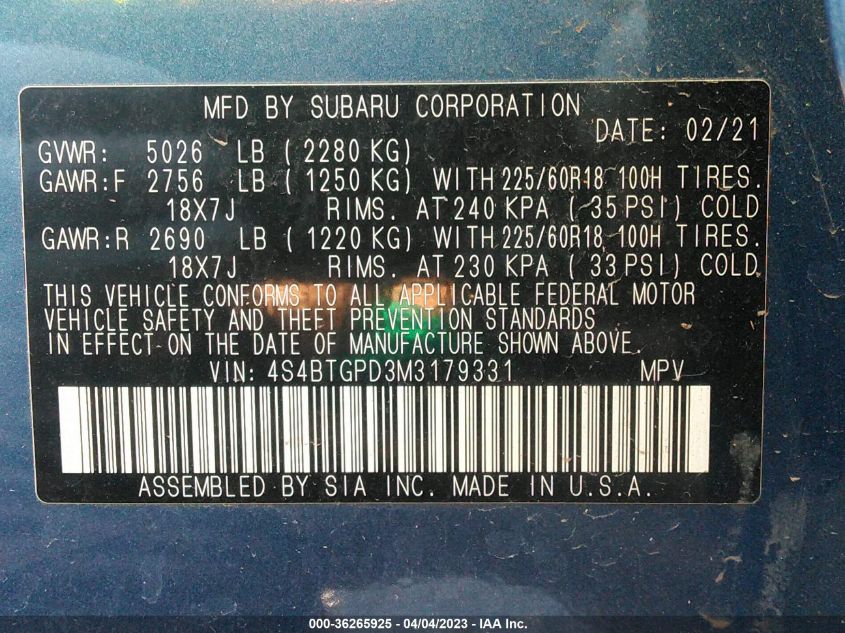 2021 SUBARU OUTBACK TOURING XT - 4S4BTGPD3M3179331